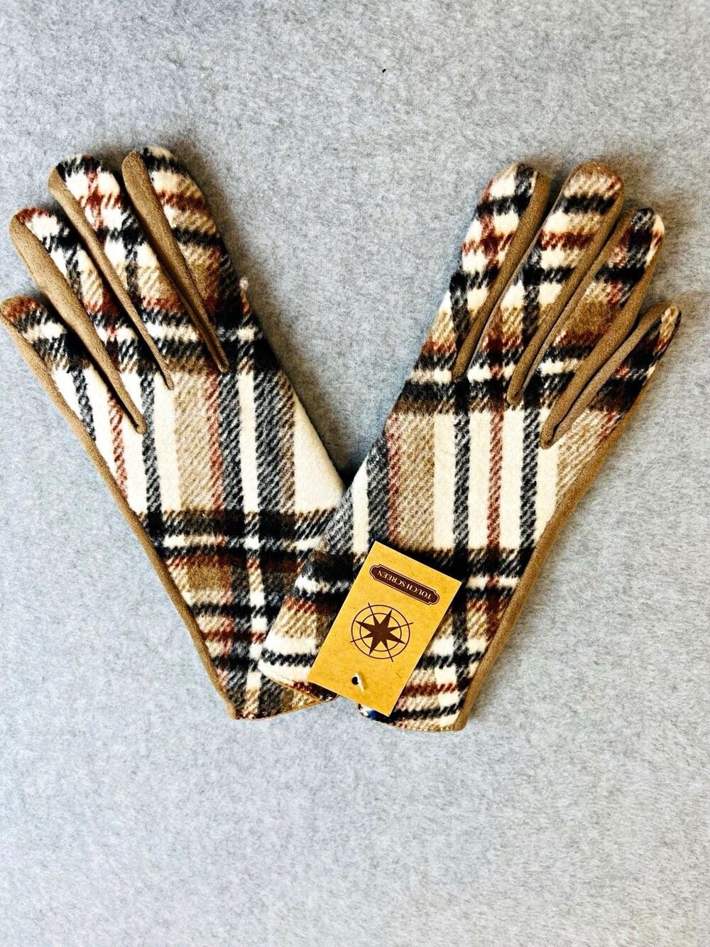 Touch Screen Women’s Plaid Fleece Lined Touchscreen Gloves Faux Suede Trim